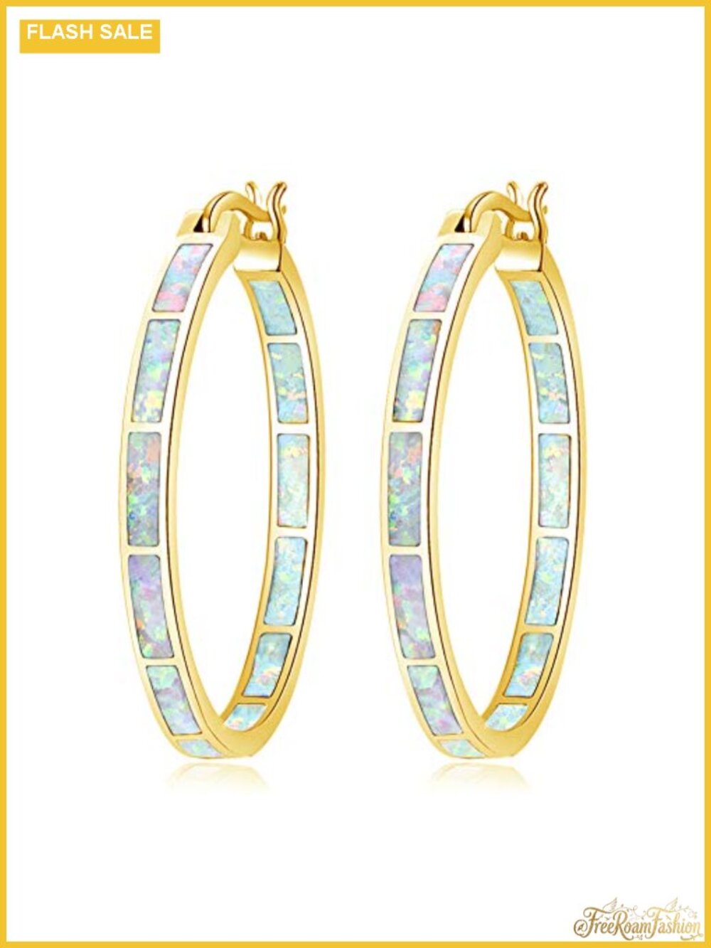 Opal Hoop Earrings for Women 32mm Gold Plated Gemstone Earrings